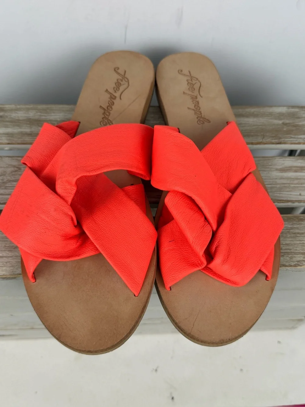 Free People Rio Vista slide sandals in a vibrant neon coral color 41 (10-10.5)